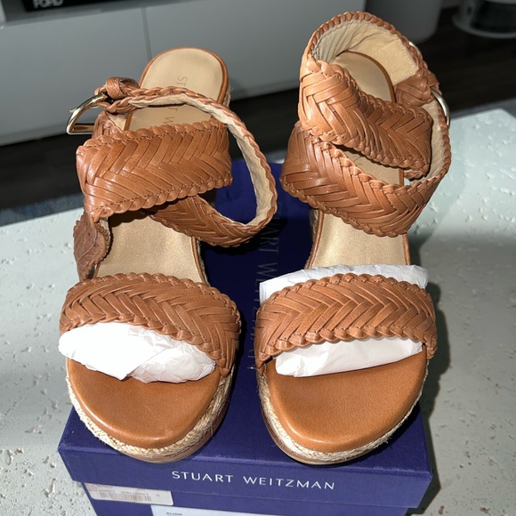 STUART WEITZMAN Elixir Wedge Sandals in Adobe Vecchio Nappa Leather (Size 10) - Picture 6 of 9